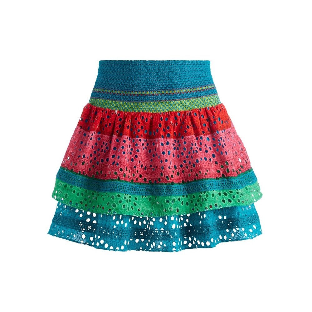 Alice + Olivia Bethie Smocked Tiered Colorful Lace Mini Skirt